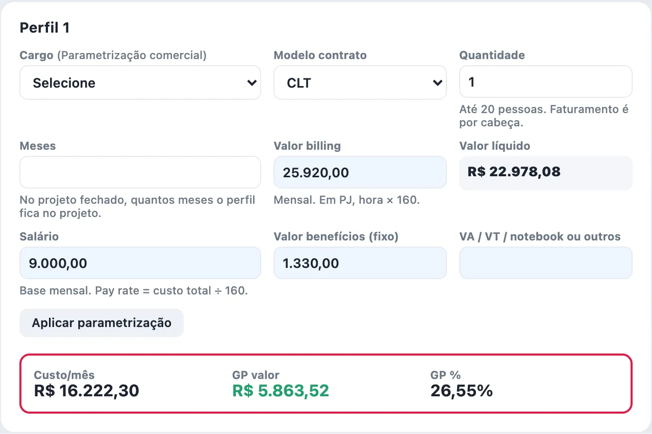 Perfil de uma cotação com salário, benefícios, valor de billing e GP calculado